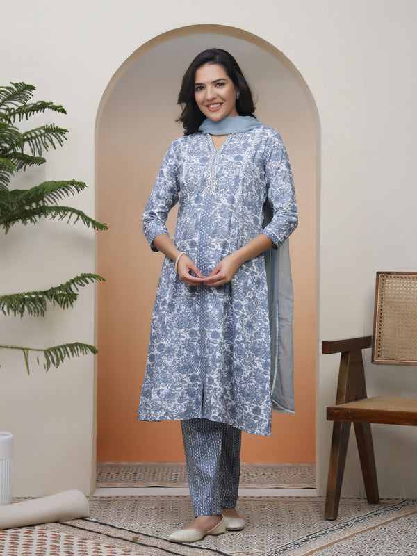 Women Grey panel kurta with cotton pant & dupatta