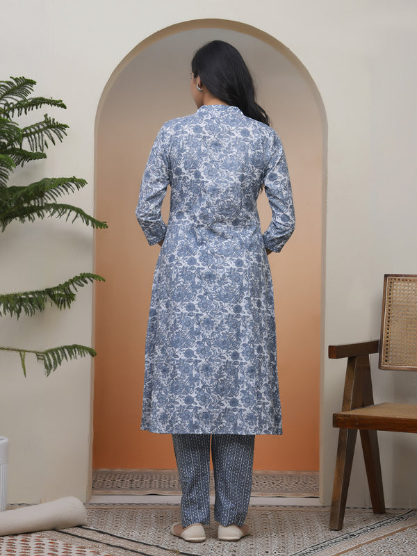 Women Grey panel kurta with cotton pant & dupatta