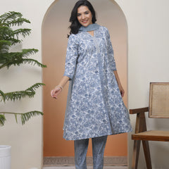 Women Grey panel kurta with cotton pant & dupatta