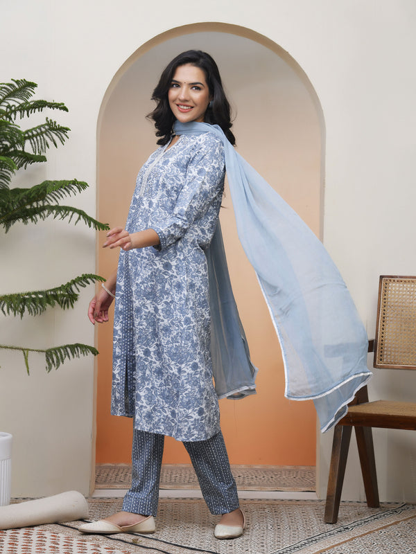 Women Grey panel kurta with cotton pant & dupatta