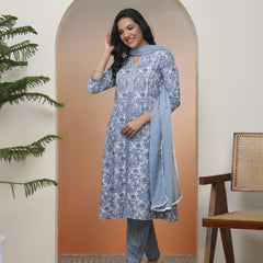 Women Grey panel kurta with cotton pant & dupatta