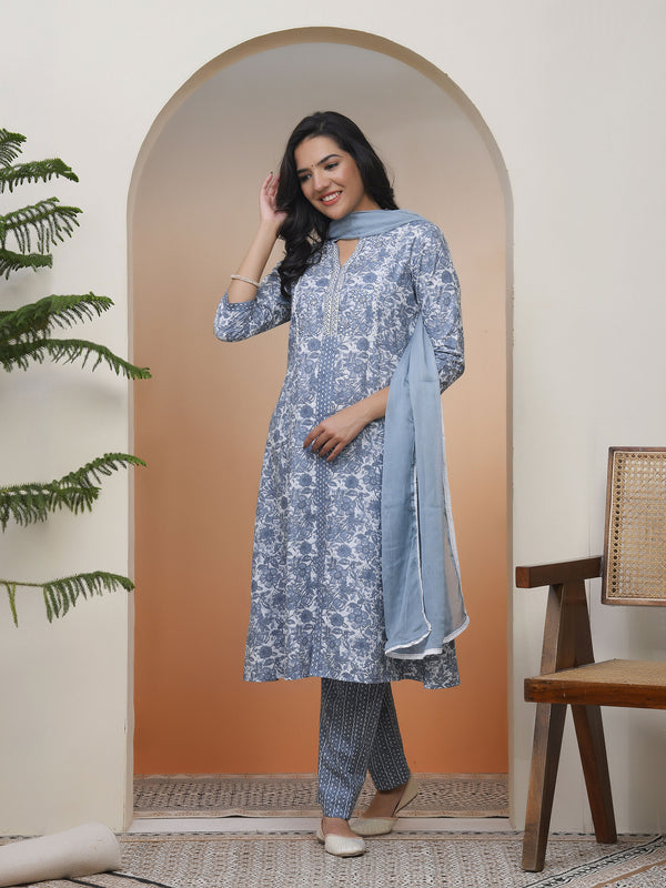 Women Grey panel kurta with cotton pant & dupatta