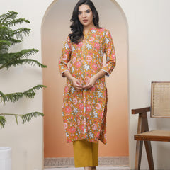 Women Mustard Cotton printed Straight Kurti