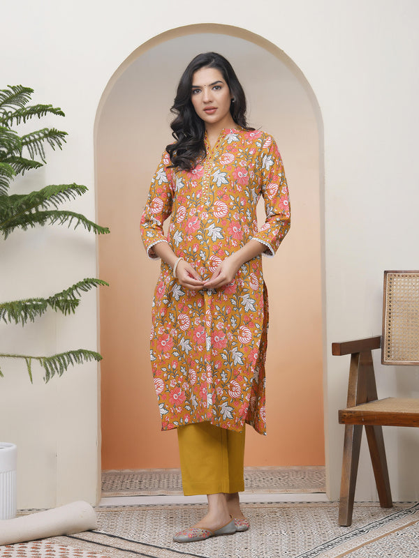 Women Mustard Cotton printed Straight Kurti