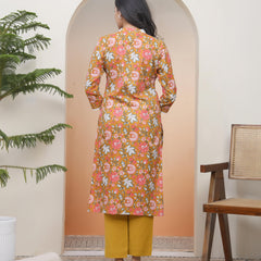 Women Mustard Cotton printed Straight Kurti