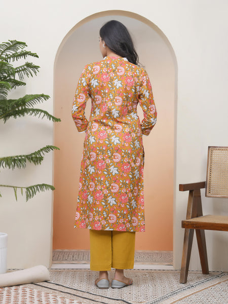 Women Mustard Cotton printed Straight Kurti