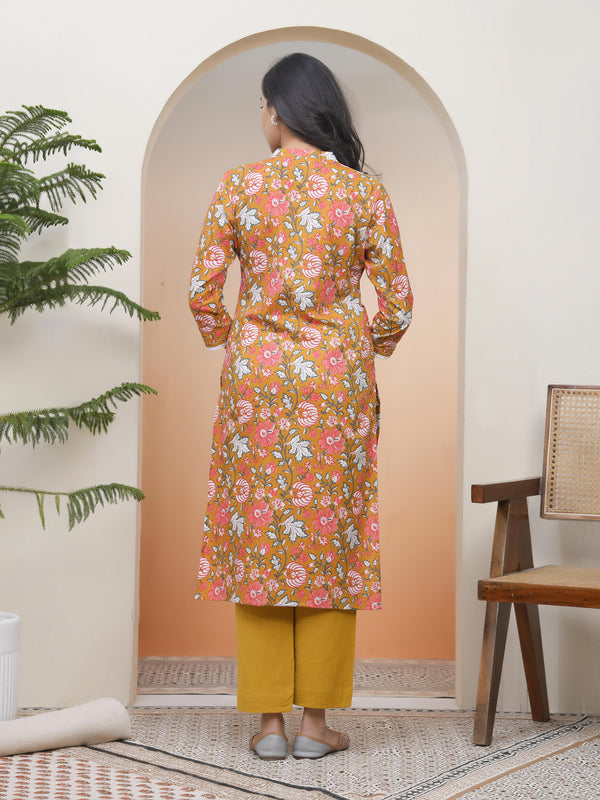 Women Mustard Cotton printed Straight Kurti