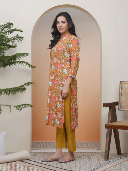 Women Mustard Cotton printed Straight Kurti