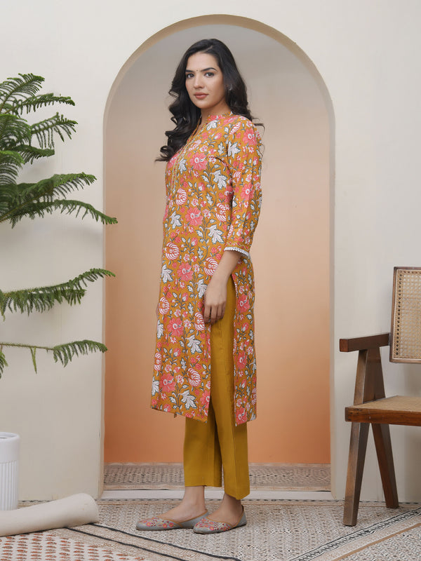 Women Mustard Cotton printed Straight Kurti