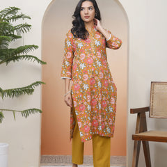Women Mustard Cotton printed Straight Kurti