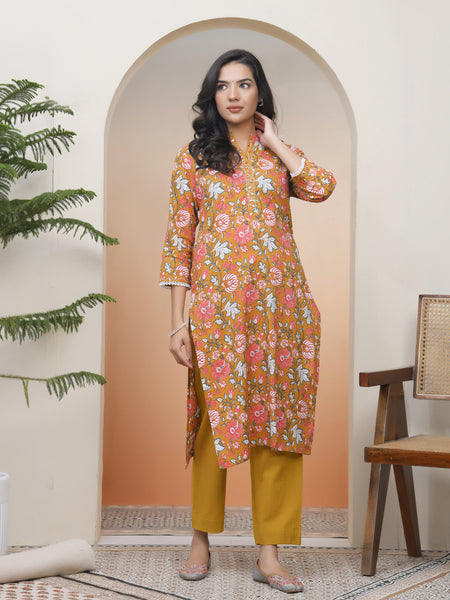 Women Mustard Cotton printed Straight Kurti