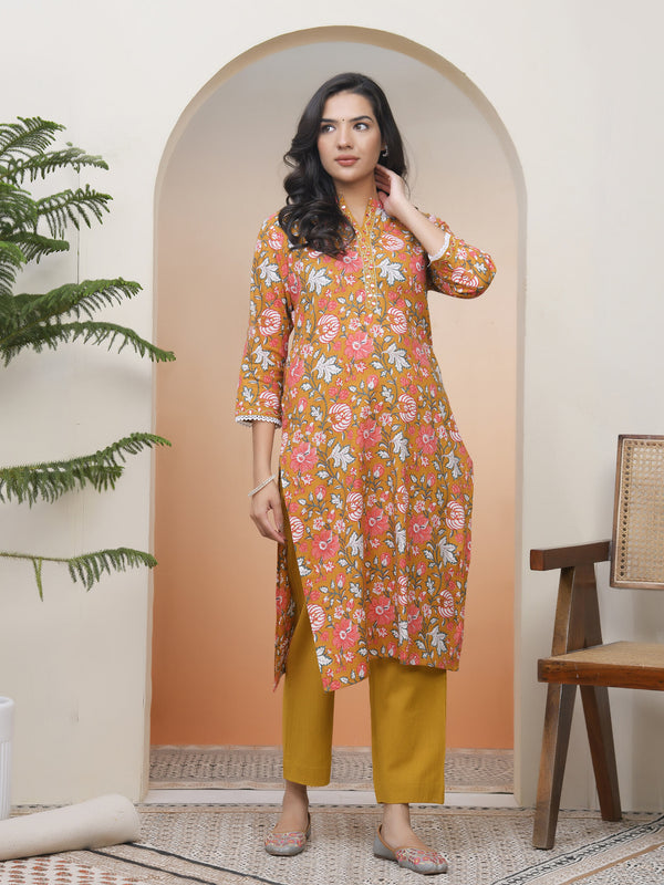Women Mustard Cotton printed Straight Kurti