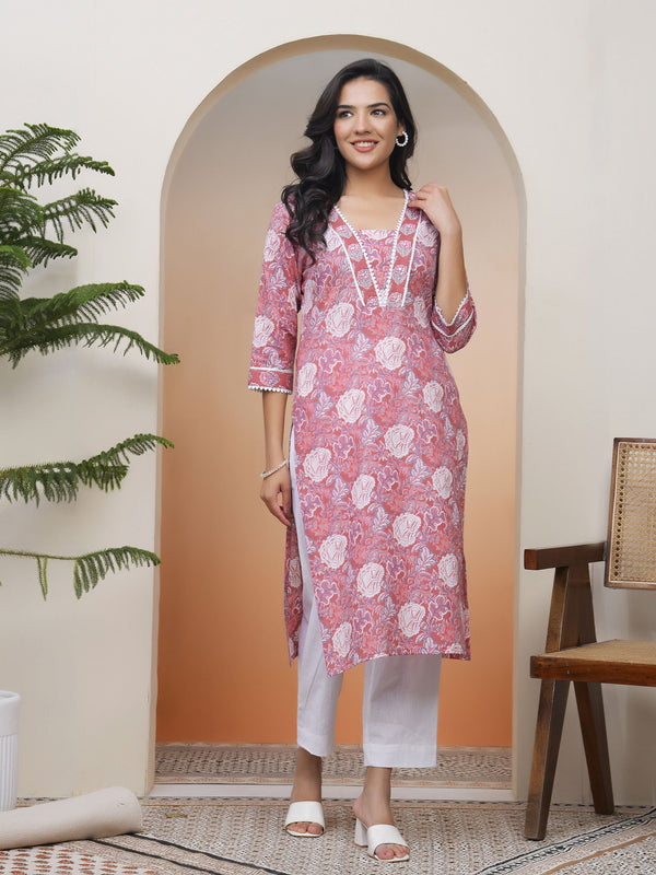 Women Nude Pink Cotton printed Straight Kurti