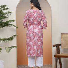 Women Nude Pink Cotton printed Straight Kurti