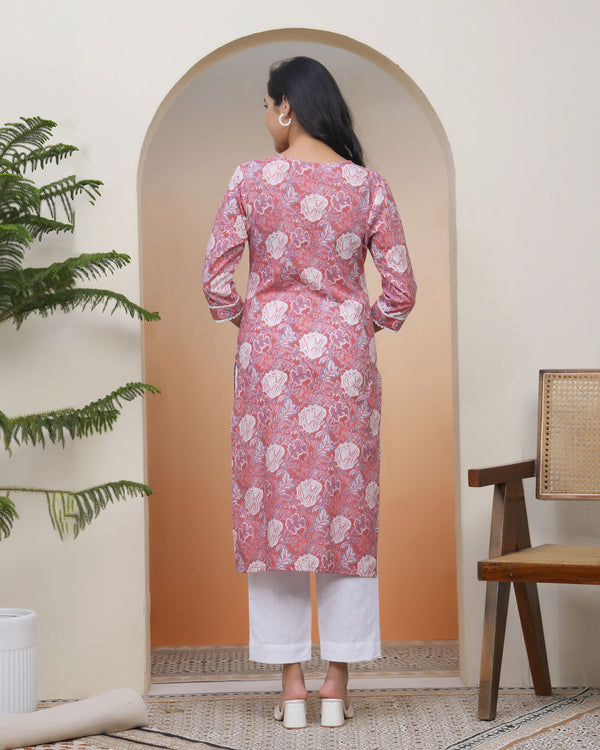 Women Nude Pink Cotton printed Straight Kurti