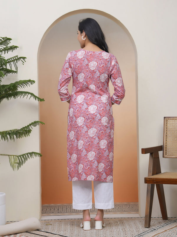 Women Nude Pink Cotton printed Straight Kurti