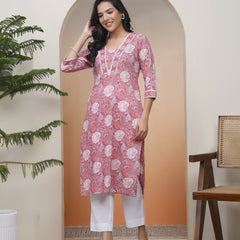 Women Nude Pink Cotton printed Straight Kurti
