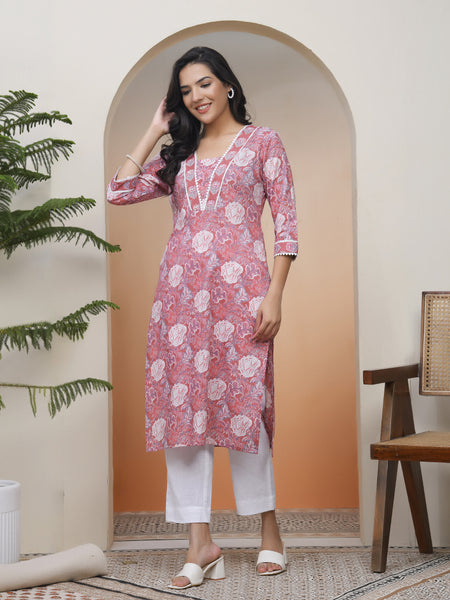 Women Nude Pink Cotton printed Straight Kurti