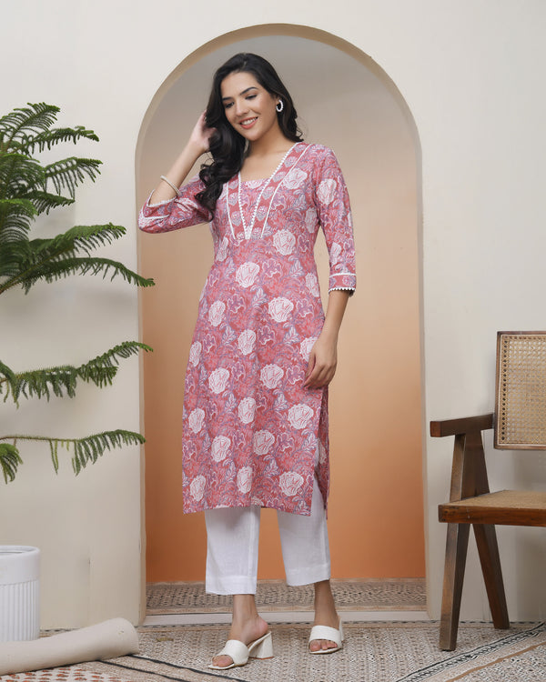 Women Nude Pink Cotton printed Straight Kurti