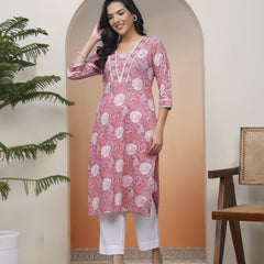 Women Nude Pink Cotton printed Straight Kurti