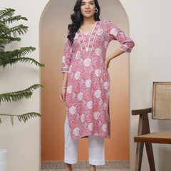Women Nude Pink Cotton printed Straight Kurti