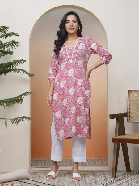 Women Nude Pink Cotton printed Straight Kurti