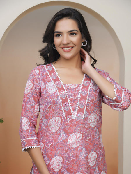Women Nude Pink Cotton printed Straight Kurti