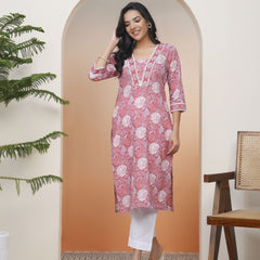 Women Nude Pink Cotton printed Straight Kurti