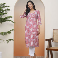 Women Nude Pink Cotton printed Straight Kurti
