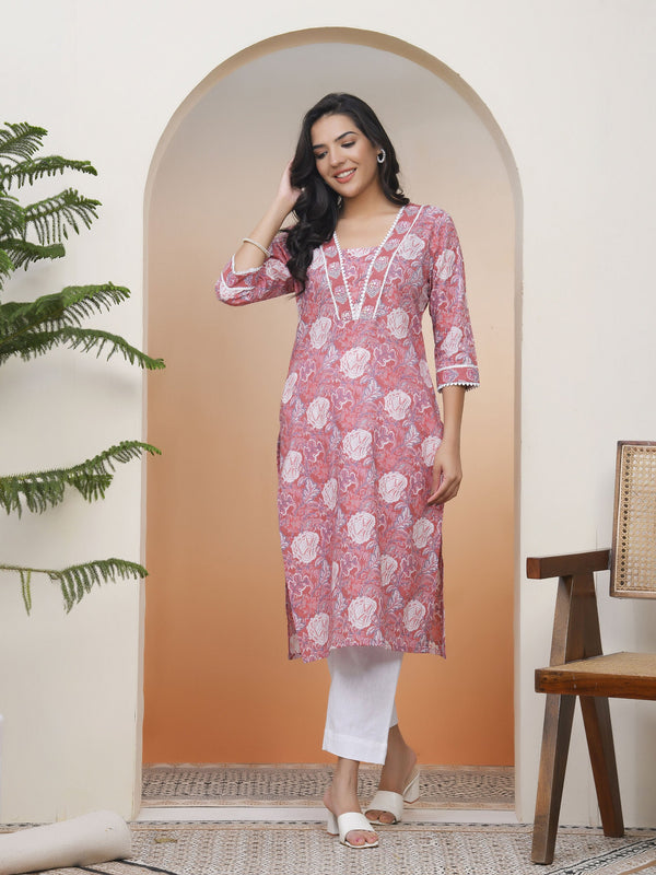Women Nude Pink Cotton printed Straight Kurti