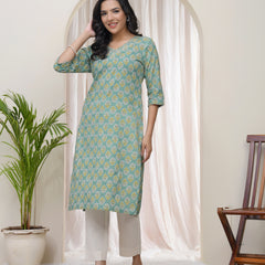Women Aqua Cotton printed Straight Kurti