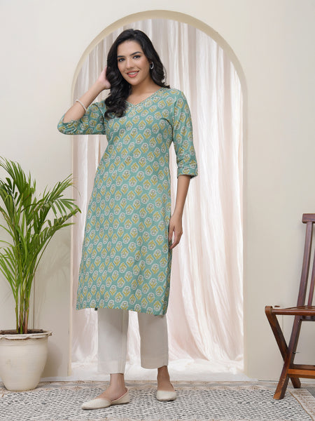 Women Aqua Cotton printed Straight Kurti