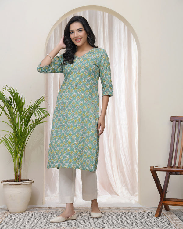 Women Aqua Cotton printed Straight Kurti