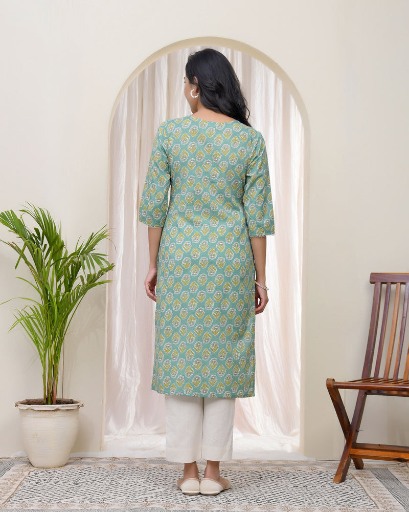 Women Aqua Cotton printed Straight Kurti