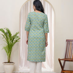 Women Aqua Cotton printed Straight Kurti