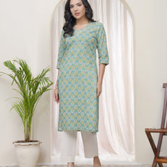 Women Aqua Cotton printed Straight Kurti