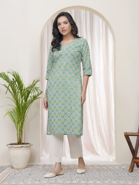 Women Aqua Cotton printed Straight Kurti