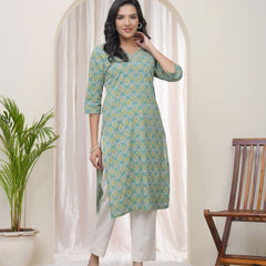 Women Aqua Cotton printed Straight Kurti