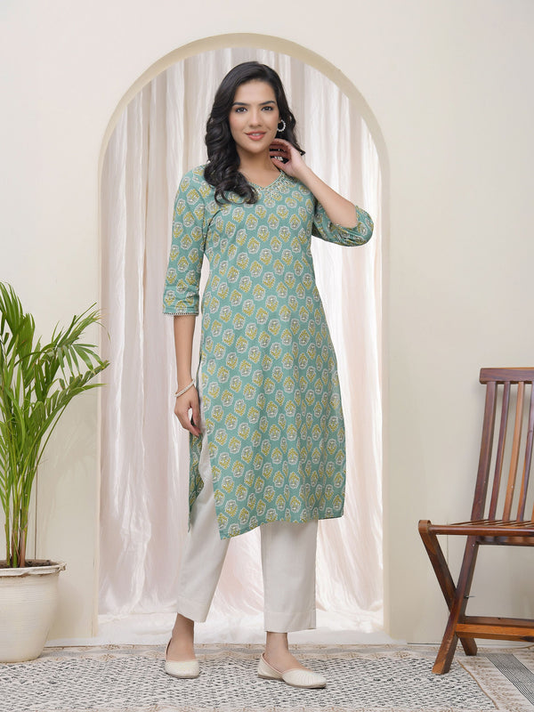 Women Aqua Cotton printed Straight Kurti