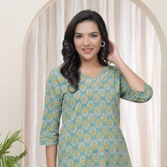Women Aqua Cotton printed Straight Kurti