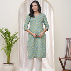 Women Aqua Cotton printed Straight Kurti