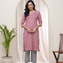 Women Pink Cotton printed Straight Kurti
