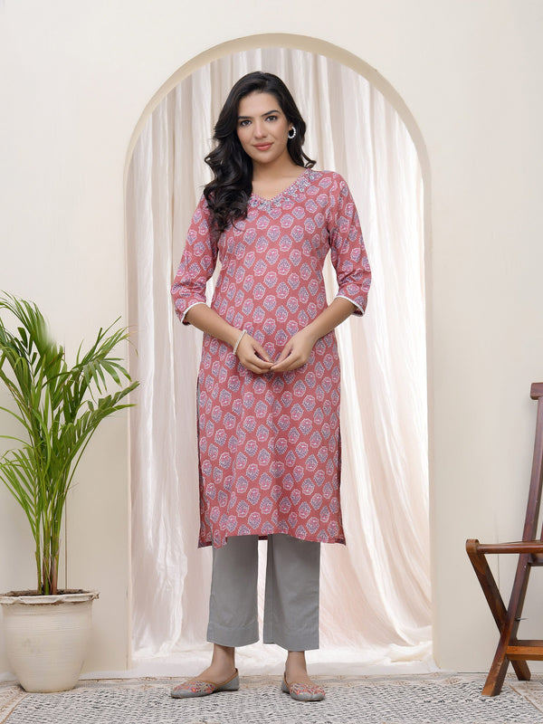 Women Pink Cotton printed Straight Kurti