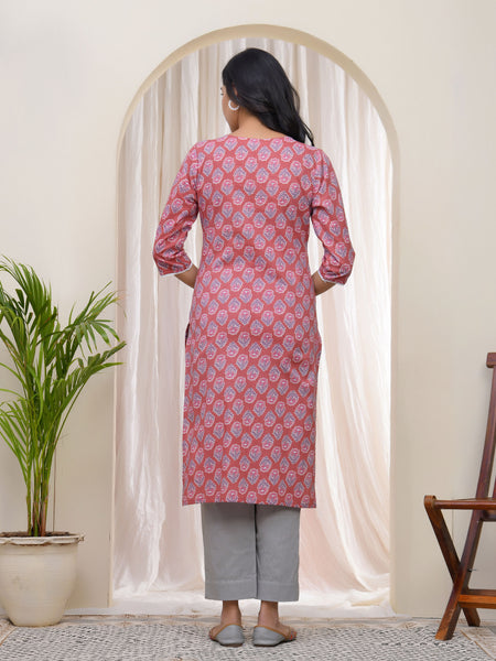 Women Pink Cotton printed Straight Kurti