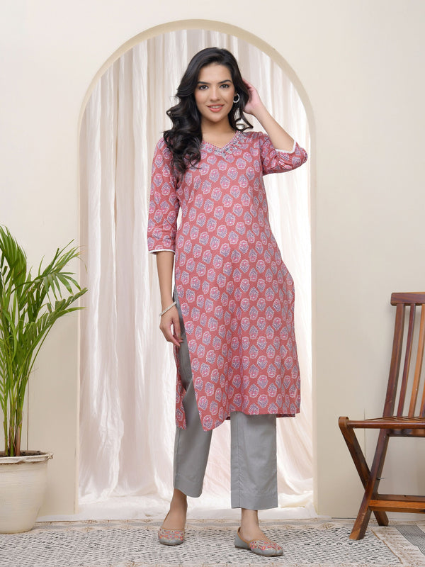 Women Pink Cotton printed Straight Kurti