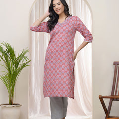 Women Pink Cotton printed Straight Kurti