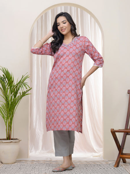 Women Pink Cotton printed Straight Kurti