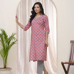 Women Pink Cotton printed Straight Kurti