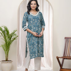 Women Ferozi Cotton printed Straight Kurti