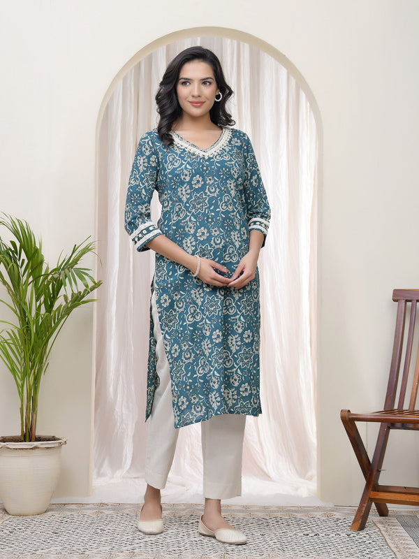 Women Ferozi Cotton printed Straight Kurti